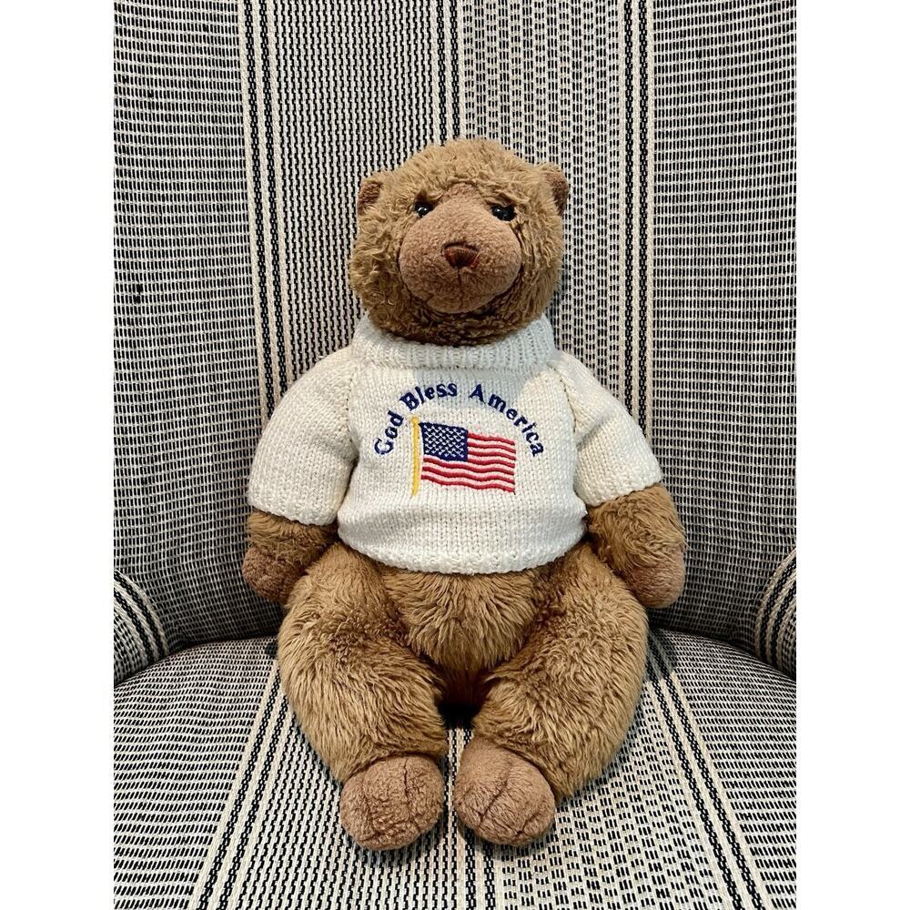 Vintage Rare GUND God Bless America Tan Teddy Bear‎ Plush Toy 14”Collectible
